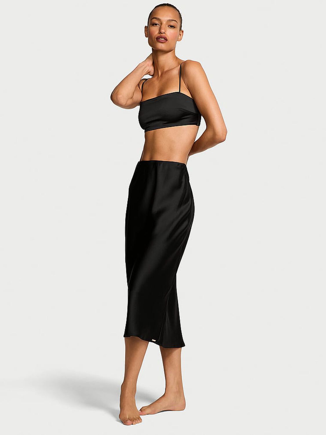 vs Victoria's Secret Luxe Satin Crop Bandeau Top & Slip Skirt Set Black 3 of 3 