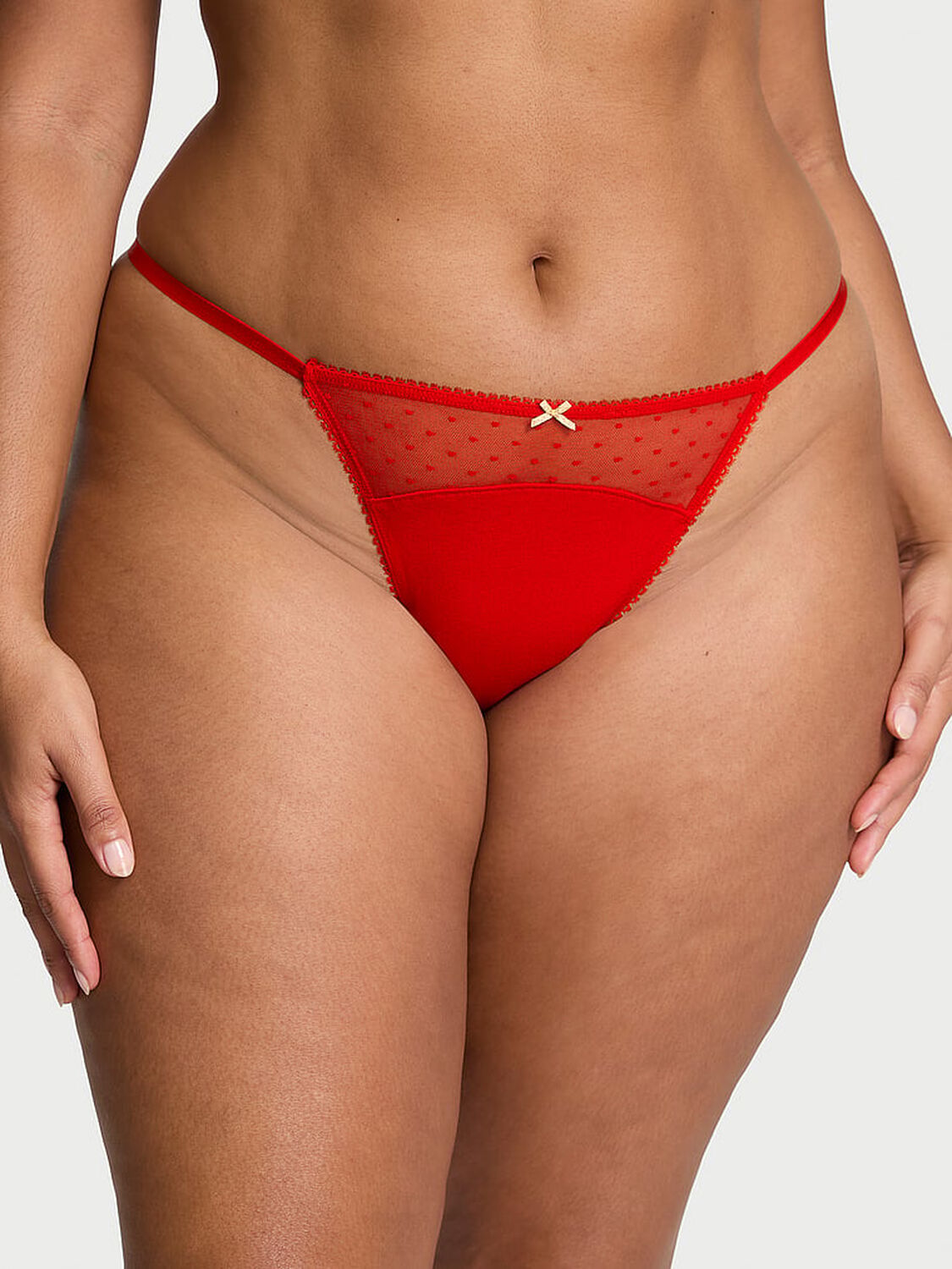 vs Victoria's Secret Stretch Cotton Dot Mesh V-String Panty Black 1 of 3 