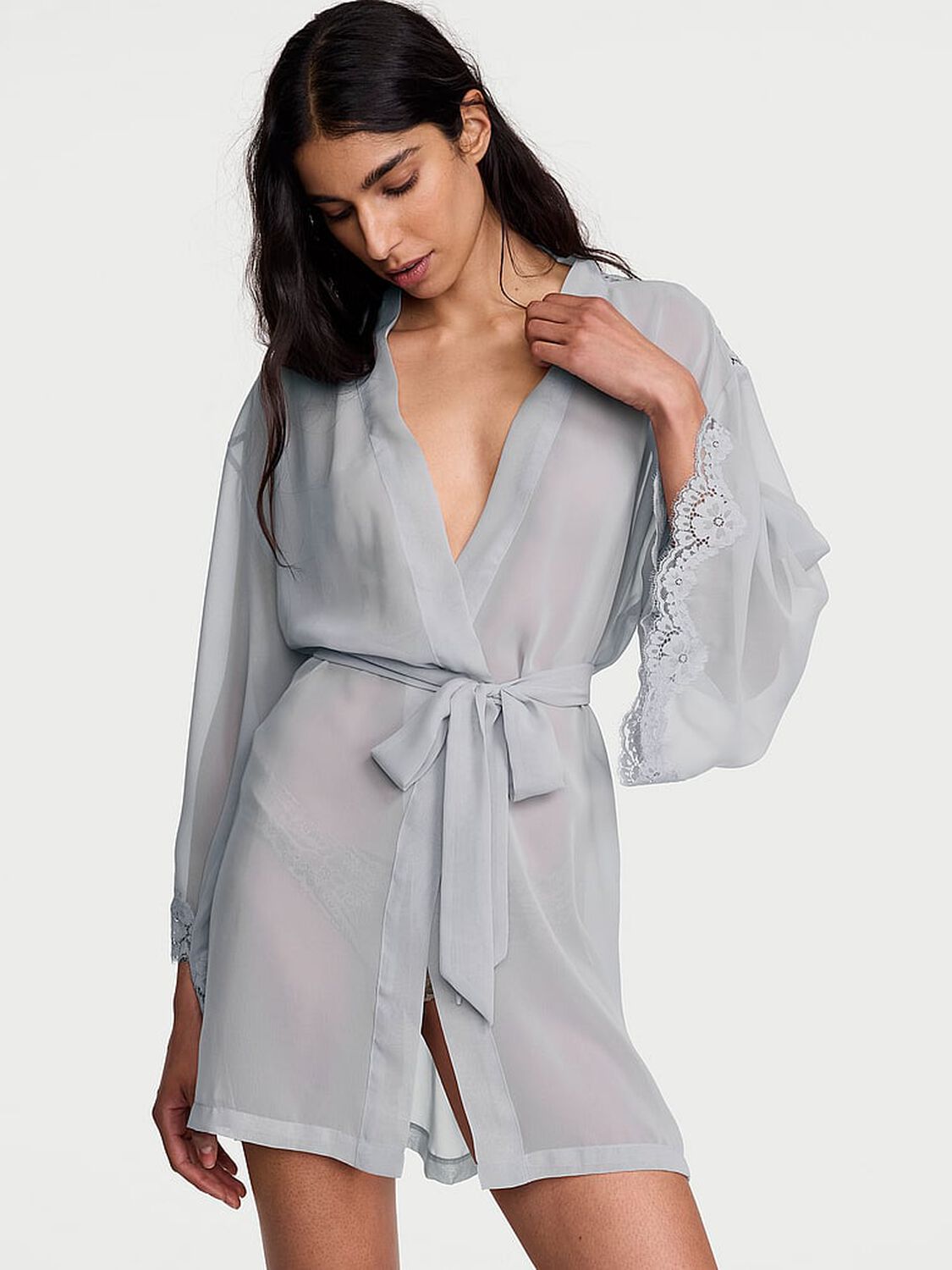 vs Dream Angels Chiffon & Lace Short Robe Sterling 1 of 2 