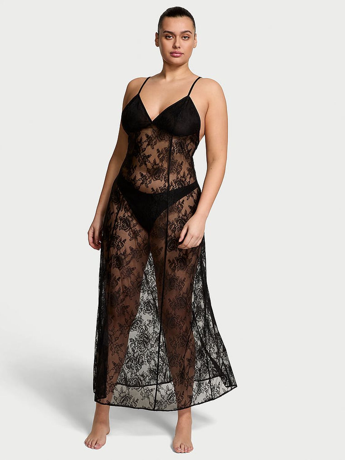 vs Victoria's Secret Rose Lace Long Slip Black 1 of 3 