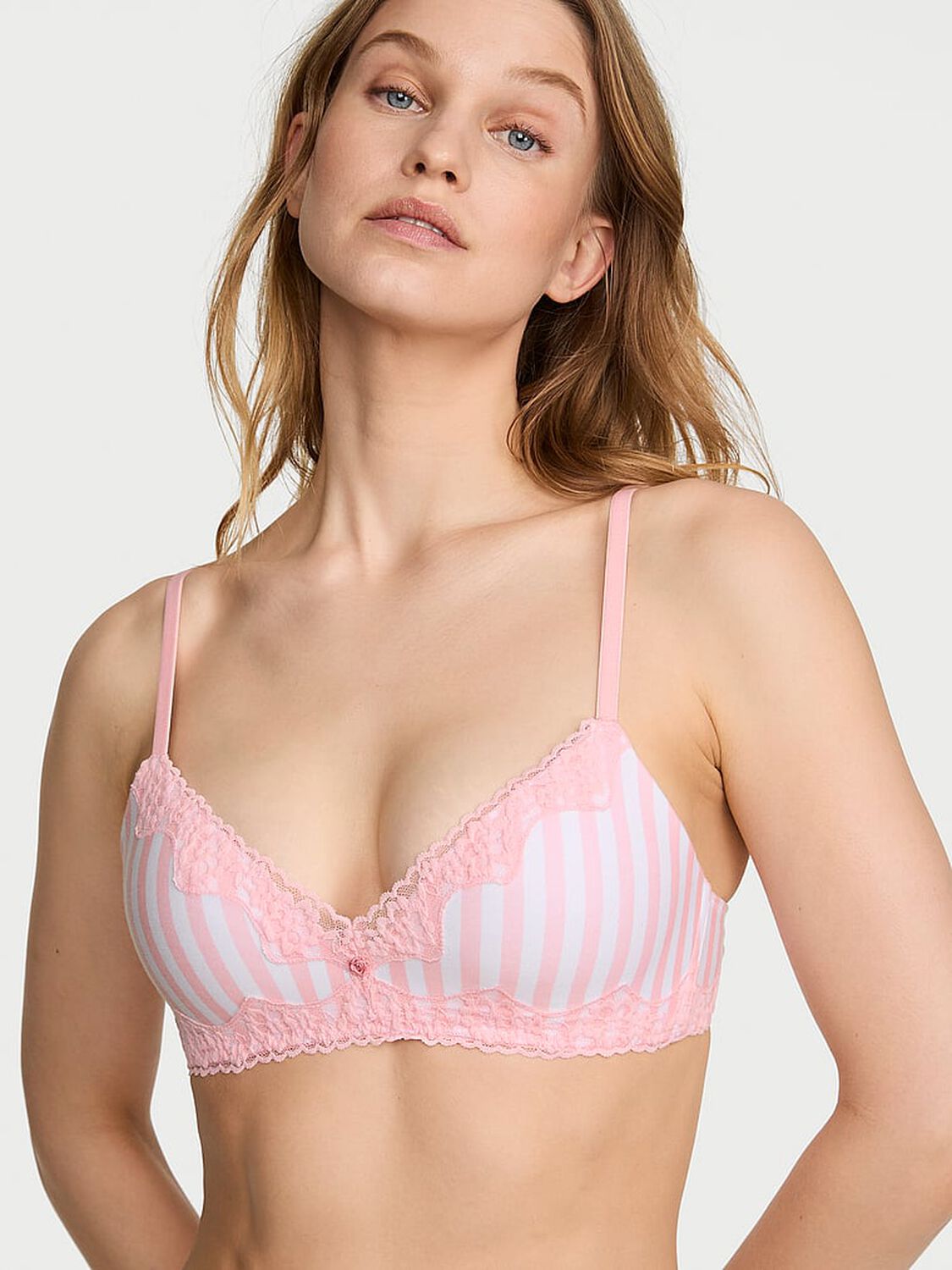 vs The T-Shirt Cotton Lace-Trim Lightly Lined Wireless Bra Pretty Blossom Stripes 1 of 4 