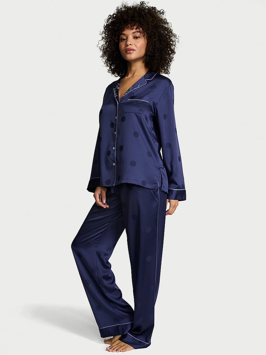 vs Victoria's Secret Signature Satin Long Pajama Set Ink Blue 1 of 2 