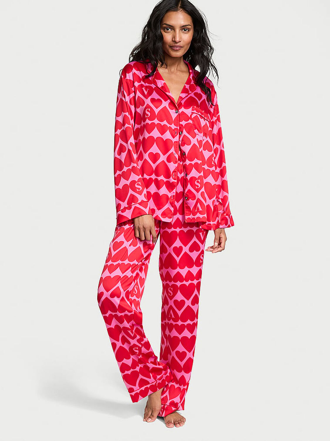 vs Victoria's Secret Glazed Satin Long Pajama Set New Peony & Lipstick Hearts 1 of 4 