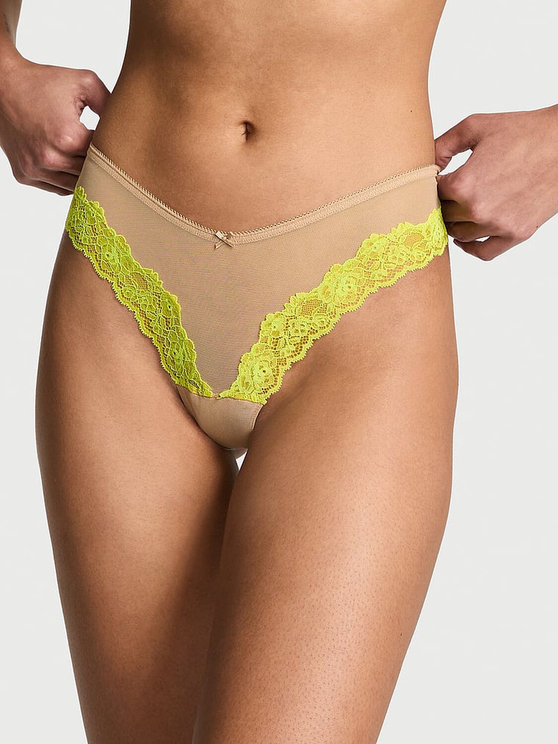 vs Very Sexy Mesh Lace-Trim High-Leg Thong Panty Praline 1 of 4 