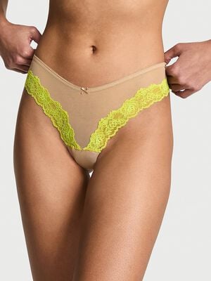 Mesh Lace-Trim High-Leg Thong Panty