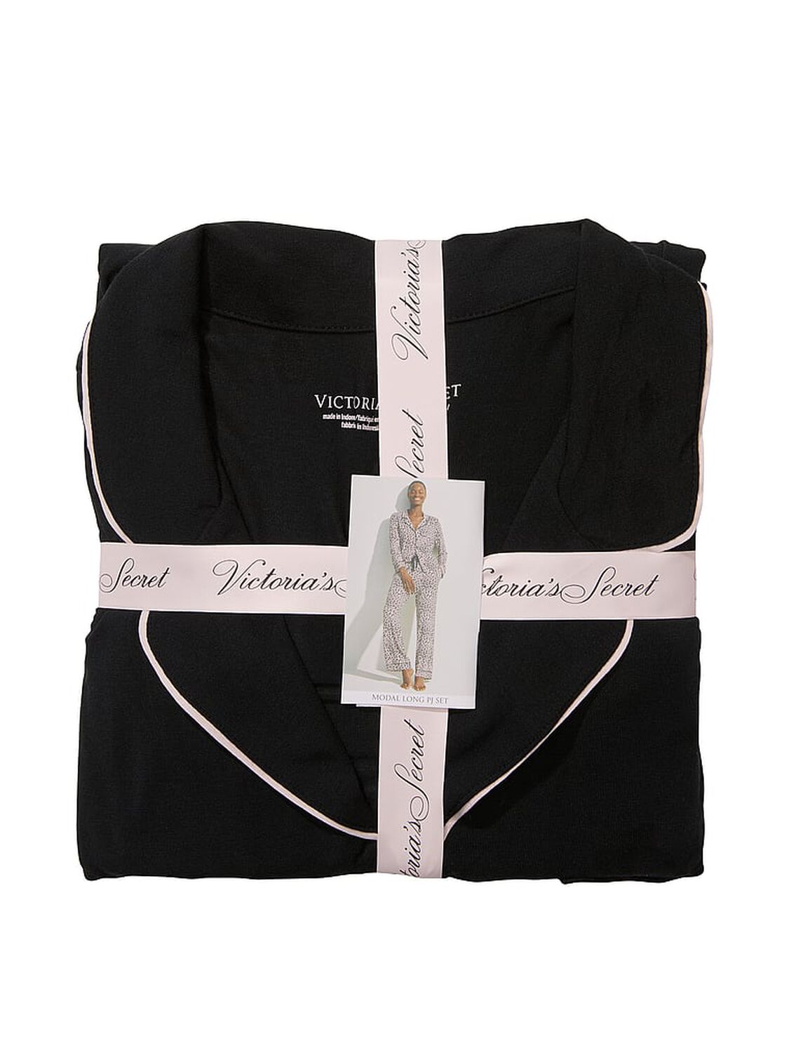 vs Victoria's Secret Modal Long Pajama Set Black W Angel Pink Piping 4 of 5 