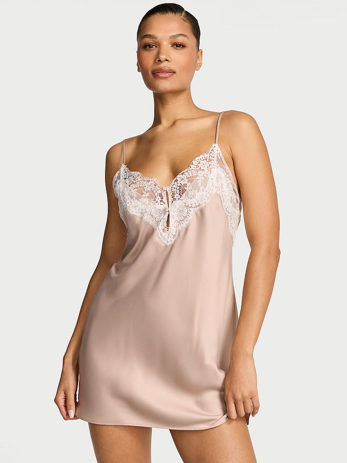 vs Dream Angels Satin Lace-Trim Short Slip Dress Oyster 1 of 3 