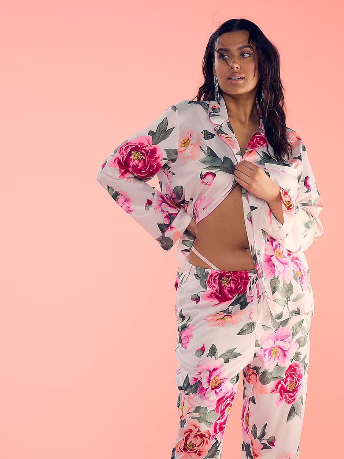 vs Victoria's Secret Glazed Satin Long Pajama Set Coconut White/New Peony Floral Bouquetes 4 of 4 