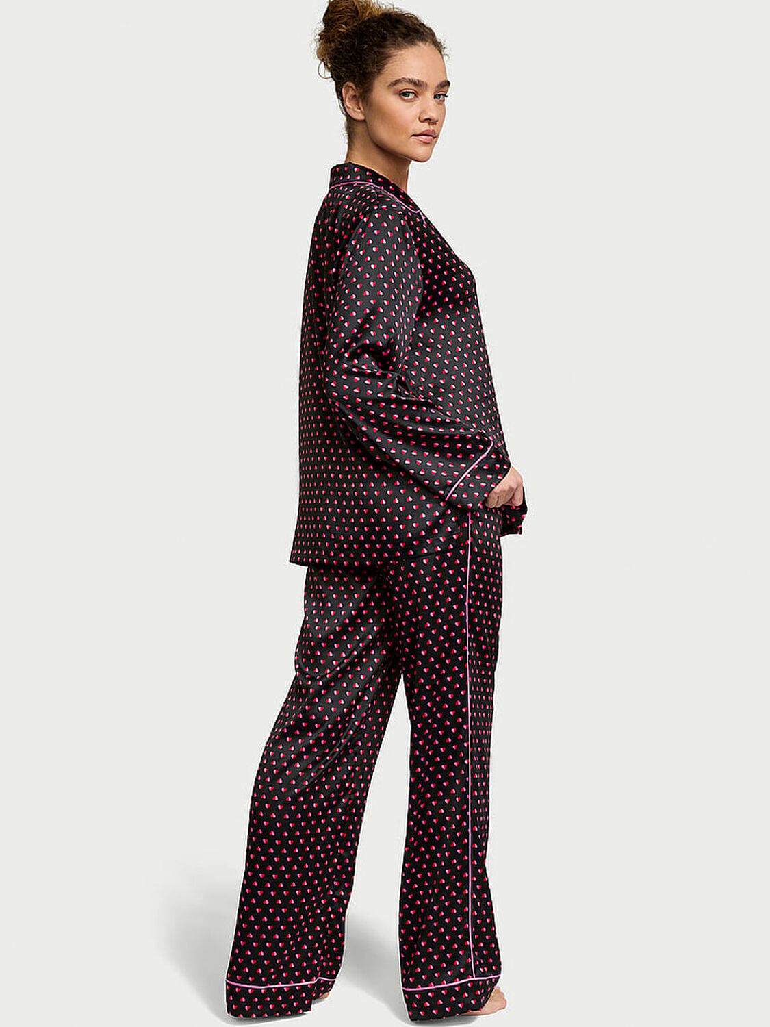vs Victoria's Secret Glazed Satin Long Pajama Set Black Hearts 2 of 4 