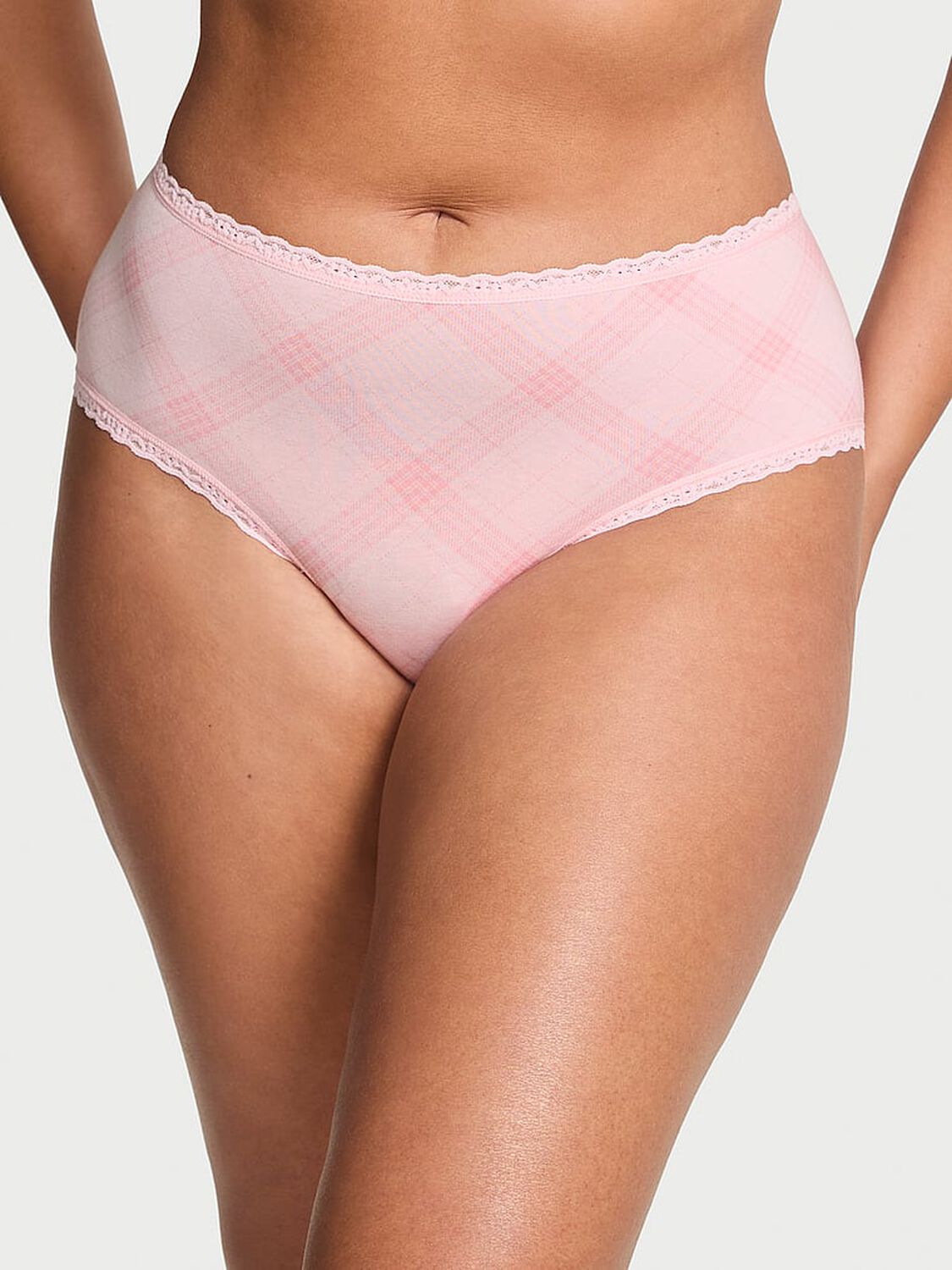 vs Lace Trim Cotton Lace-Waist Cheeky Panty Pretty Blossom Plaid 1 of 2 