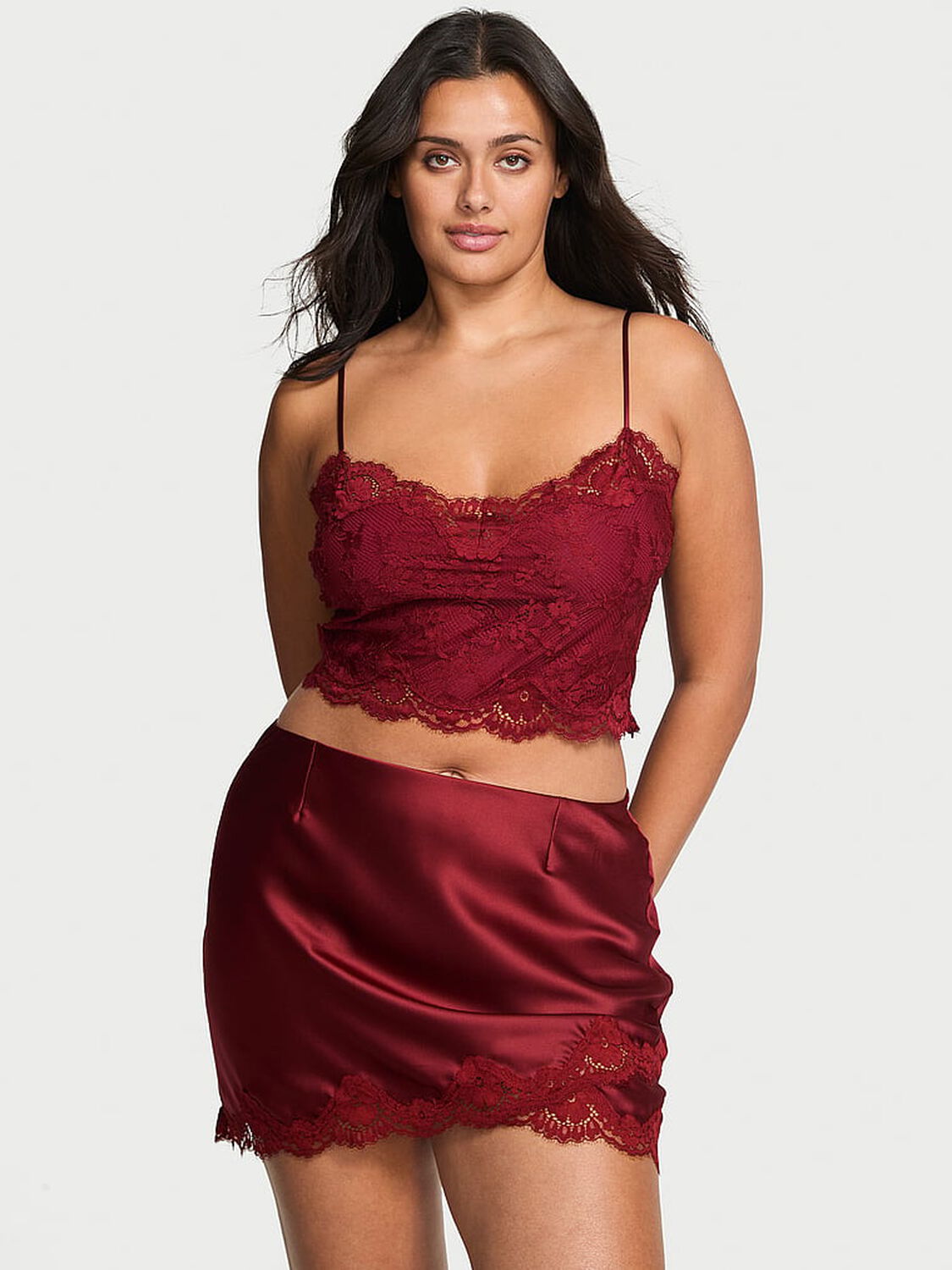 vs Dream Angels Satin Lace Cami & Mini Skirt Set Sangria Red 1 of 2 
