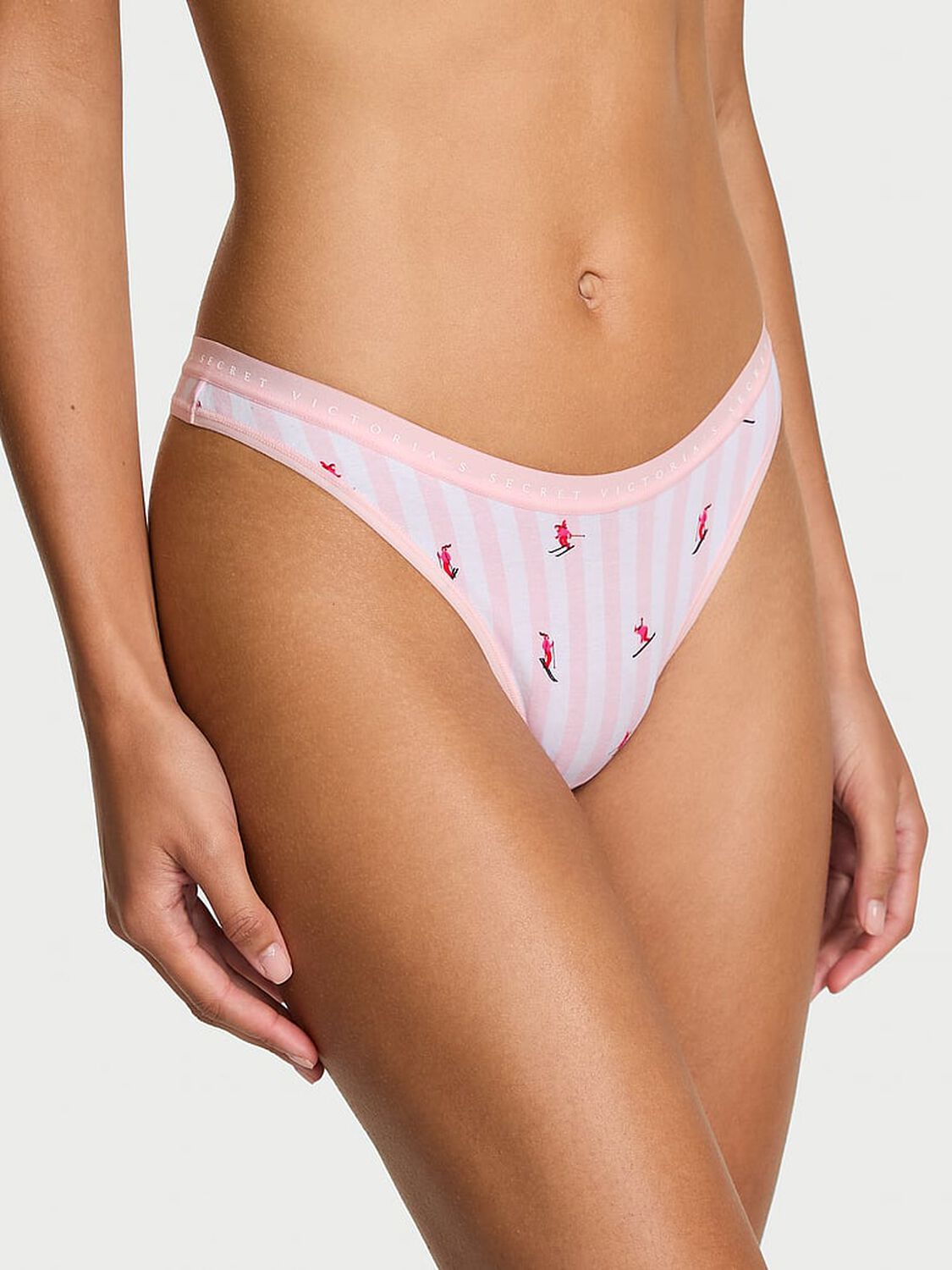 vs Victoria's Secret Stretch Cotton High-Leg Scoop Thong Panty Pink Skier Stripes 1 of 2 