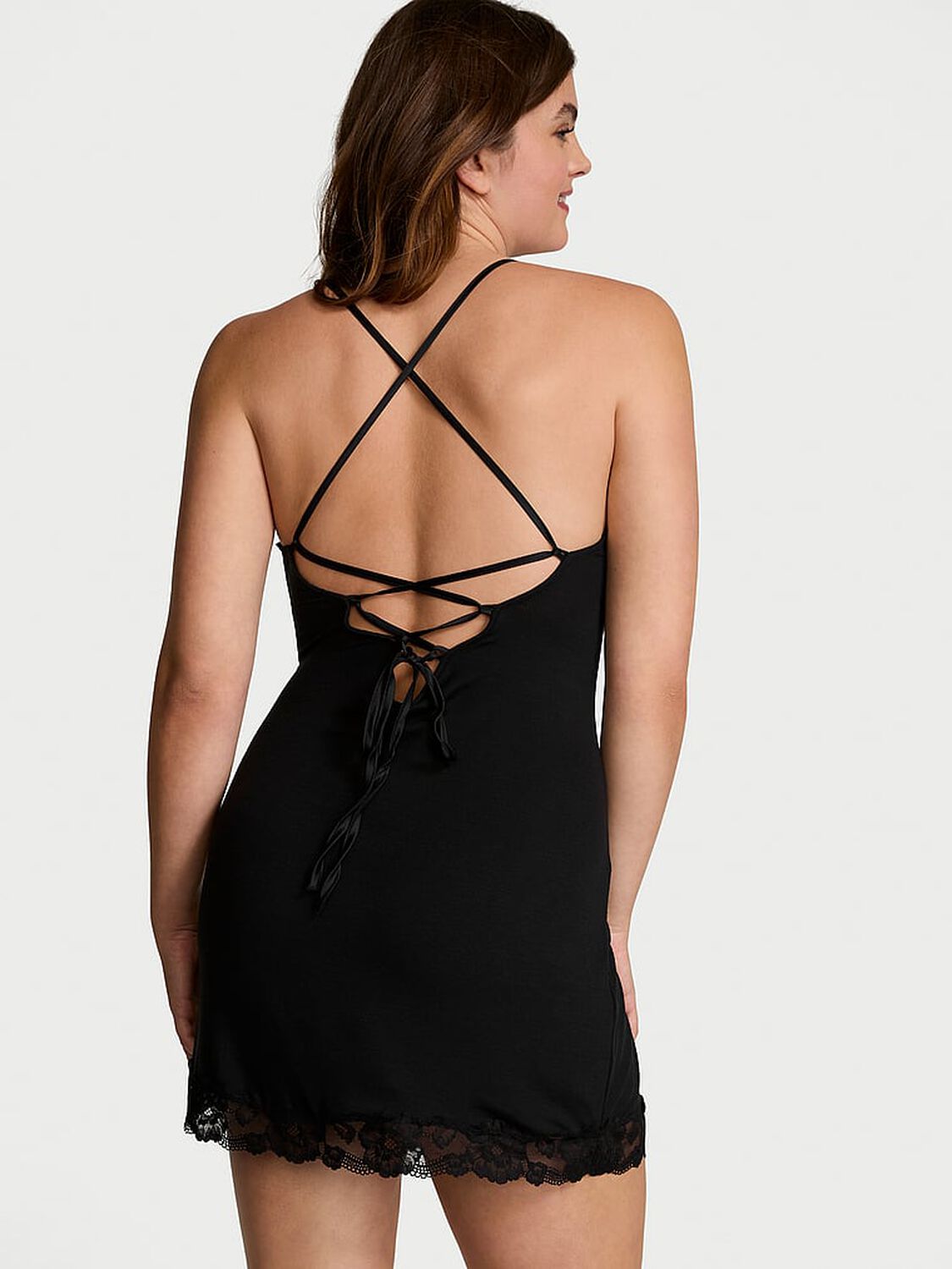 vs Victoria's Secret Ribbed Modal & Lace Cross-Back Slip Dress Black 2 of 4 