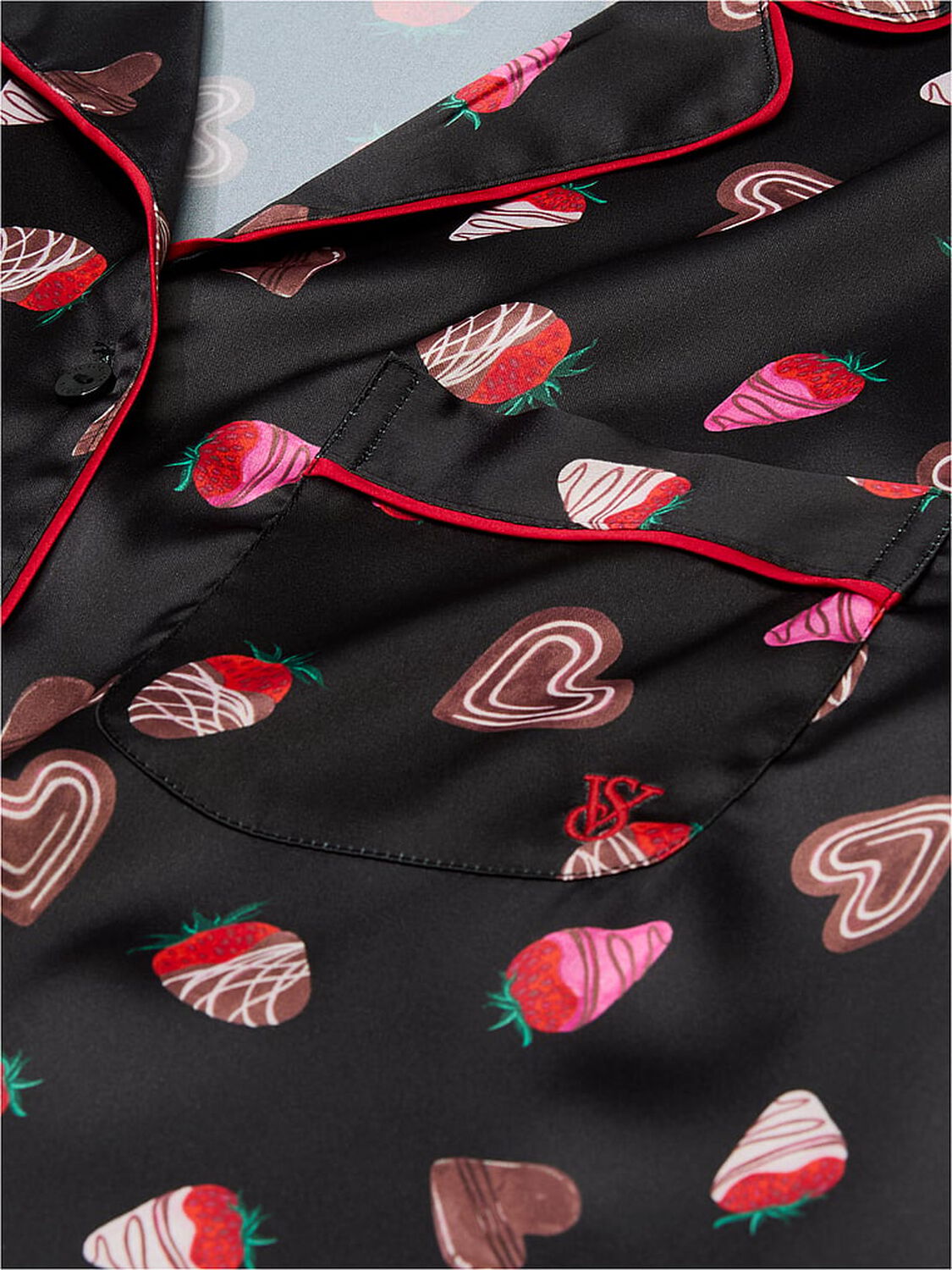 vs Victoria's Secret Glazed Satin Long Pajama Set Black Chocolate Strawberries 4 of 4 