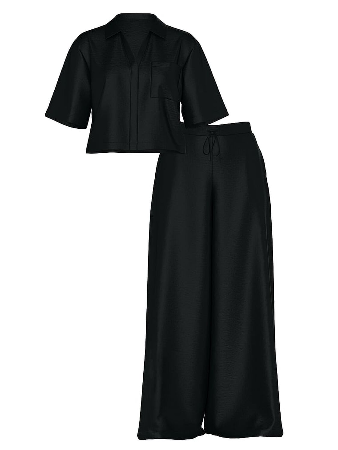 vs Victoria's Secret Luxe Satin Boxy Cropped Long Pajama Set Black 1 of 3 