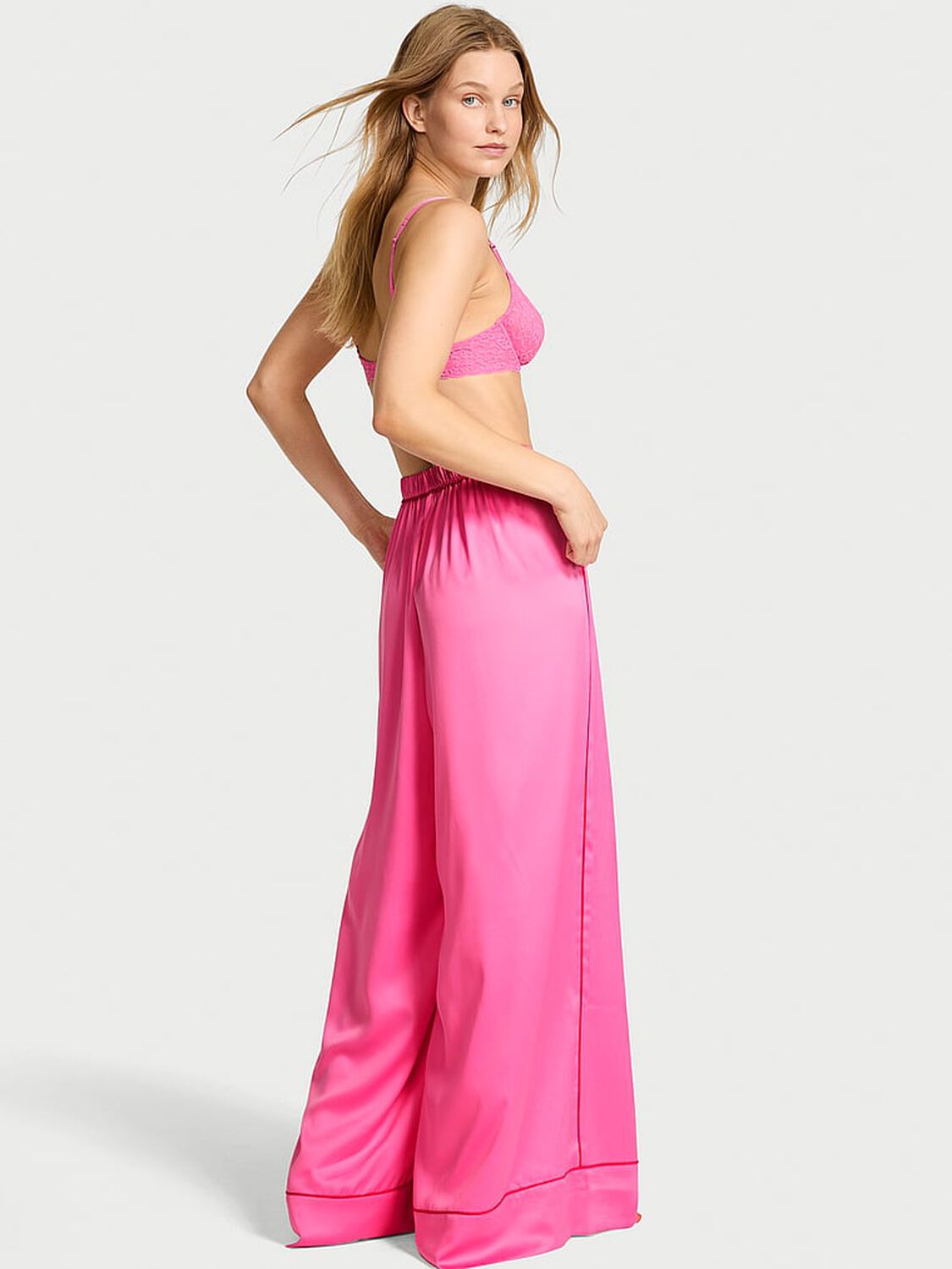 vs Victoria's Secret Glazed Satin Ultra Wide-Leg Sleep Pants Hollywood Pink 2 of 3 