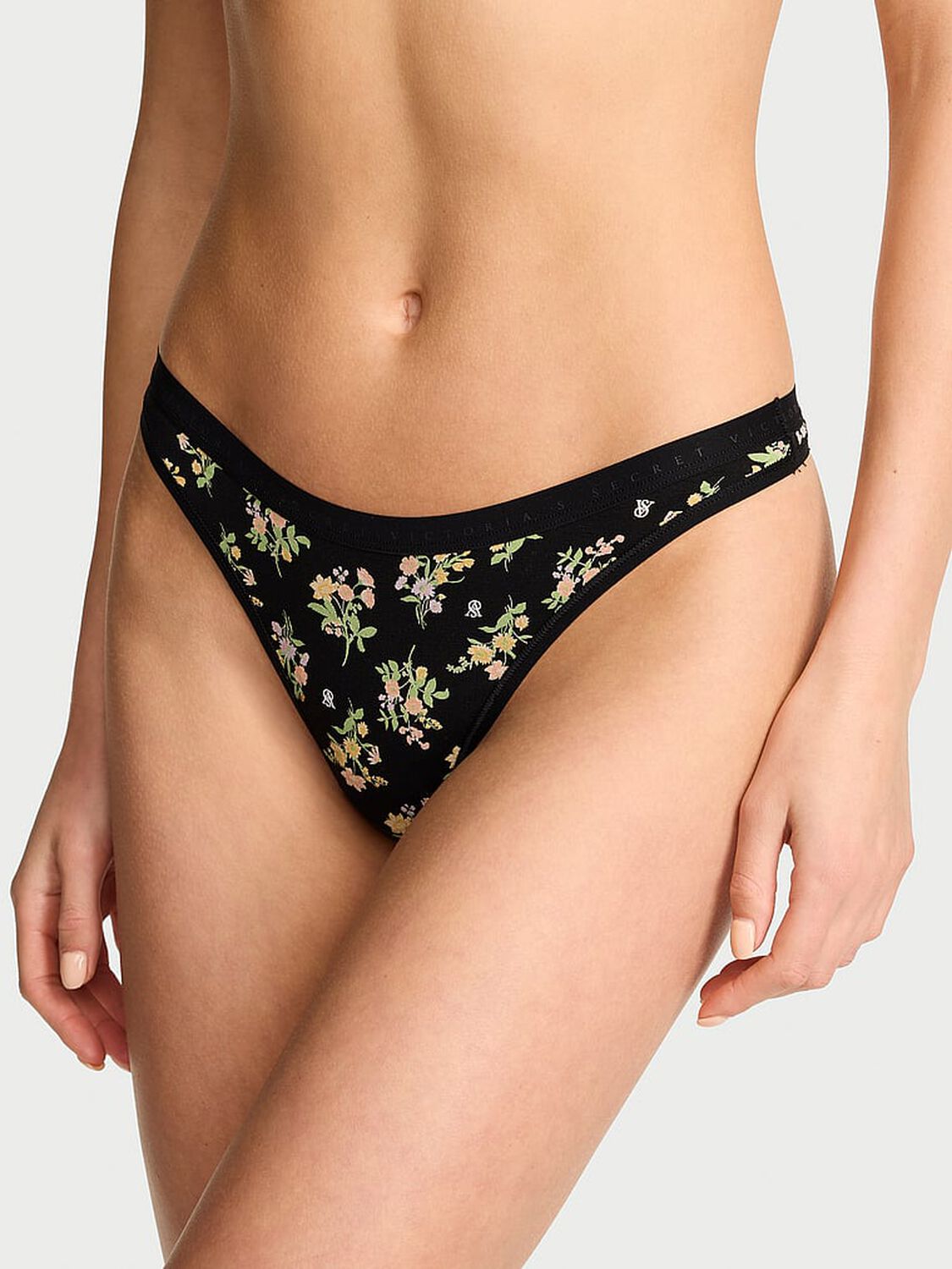 vs Victoria's Secret Stretch Cotton High-Leg Scoop Thong Panty Black Floral Bouquets 1 of 3 