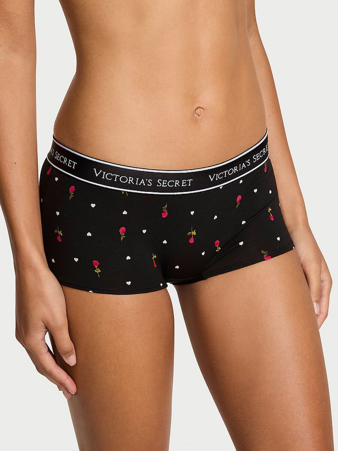 vs Cotton Logo Cotton Boyshort Panty Black Rose Hearts 1 of 3 