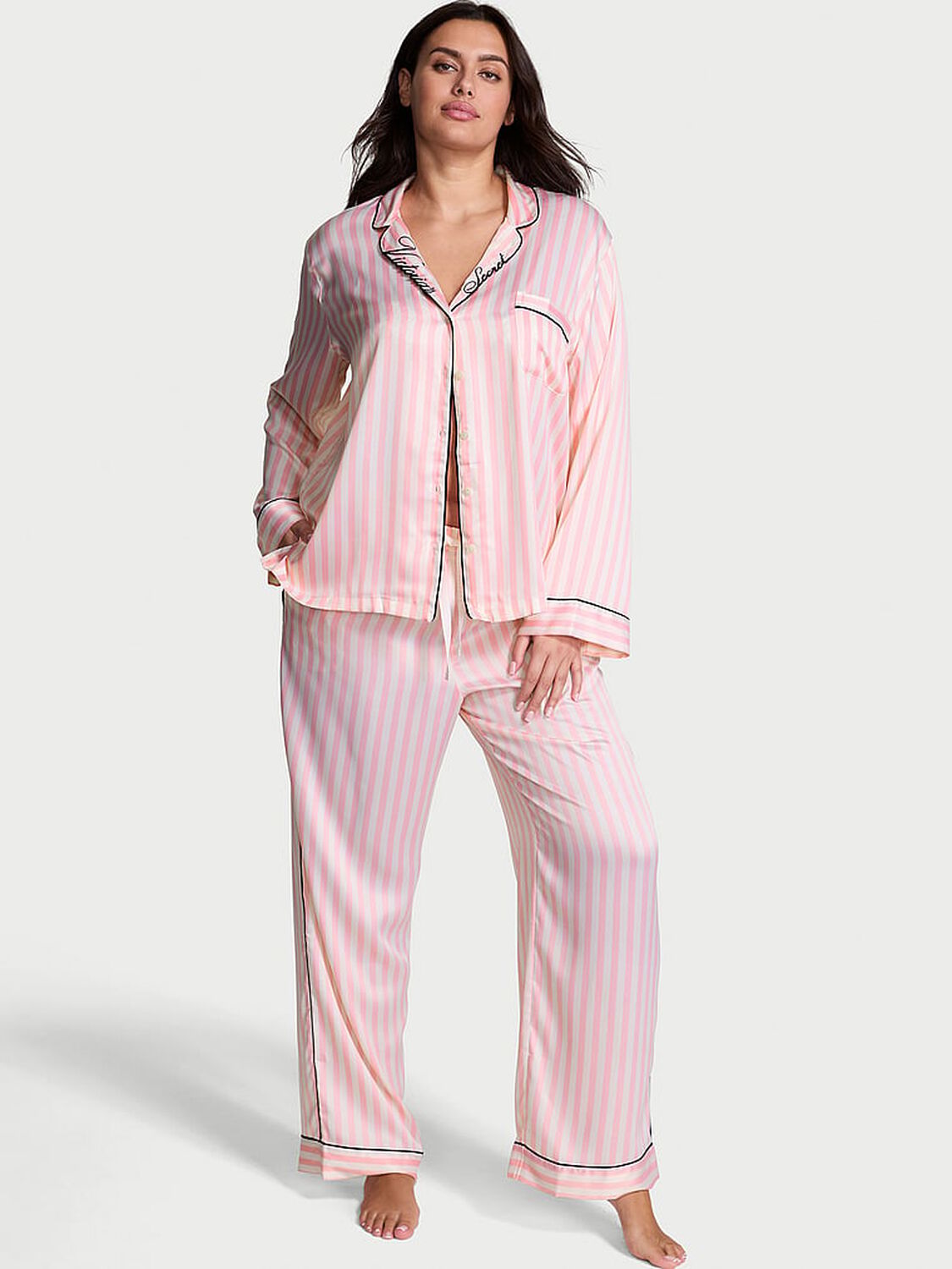 vs Victoria's Secret Glazed Satin Long Pajama Set Iconic Stripe 1 of 2 