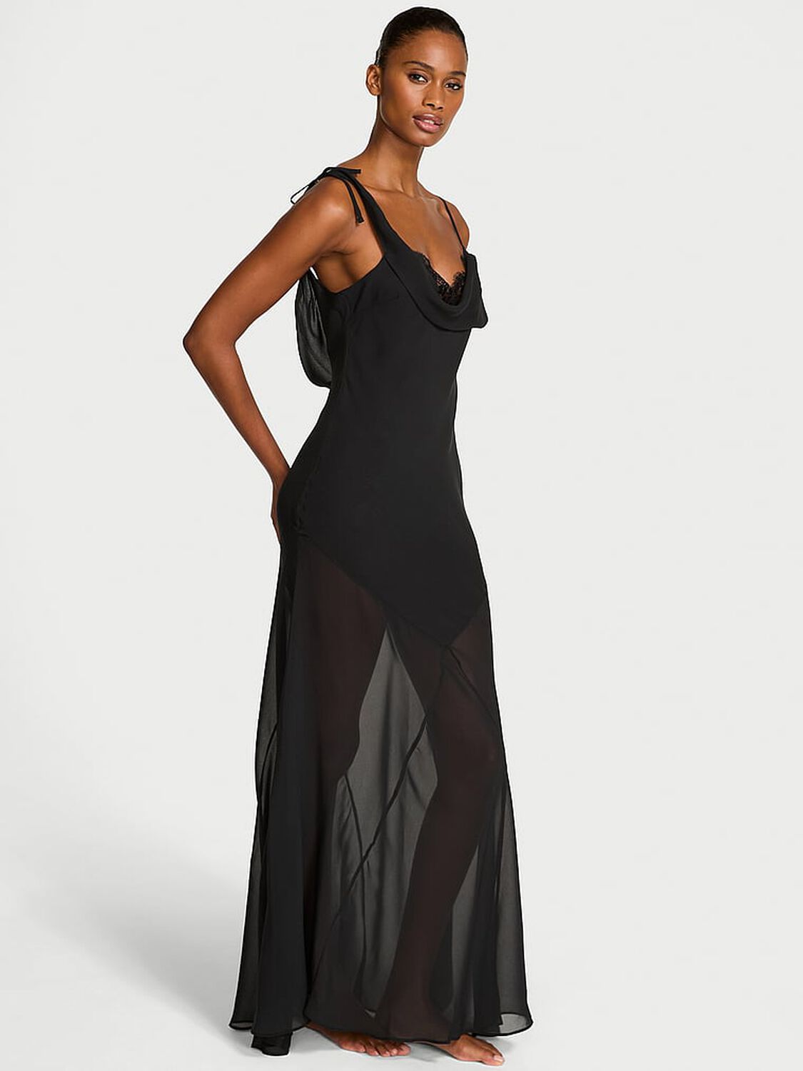 vs Dream Angels Chiffon & Lace Draped Slip Gown Black 1 of 4 
