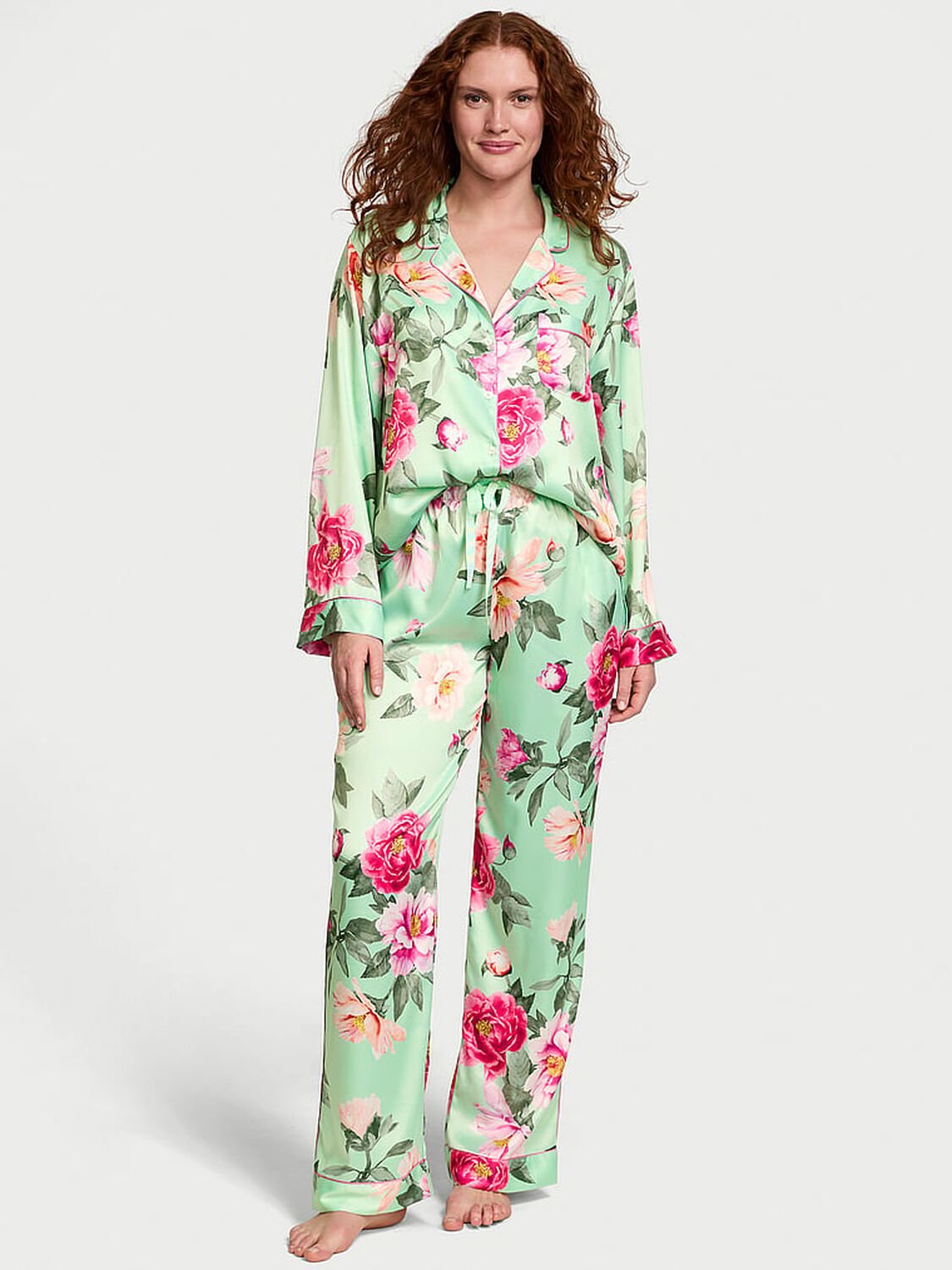 vs Victoria's Secret Glazed Satin Long Pajama Set Pretty Mint Floral Bouquet 4 of 4 