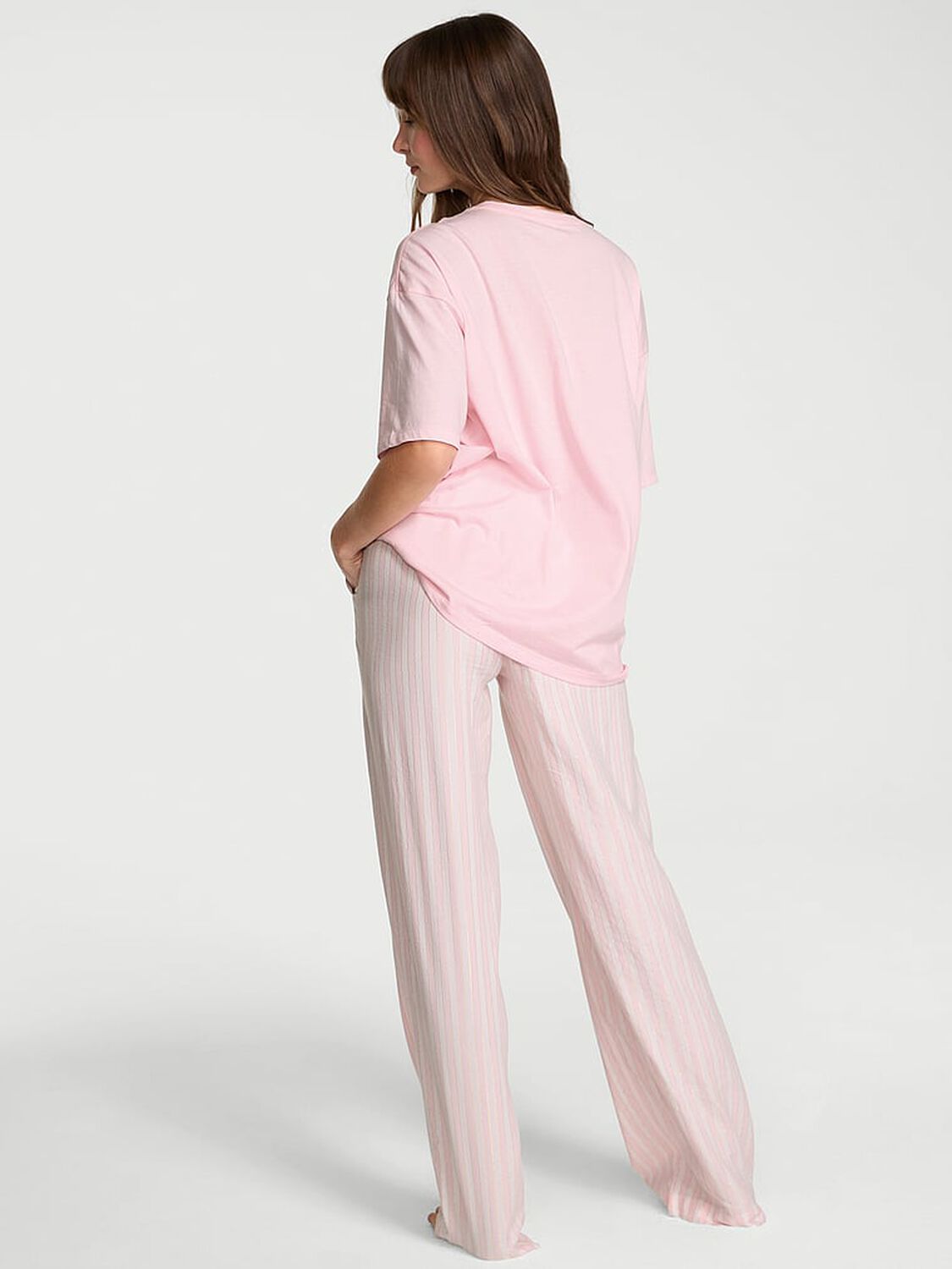 vs Victoria's Secret Flannel Short-Sleeve Long Tee-Jama Set Core Lurex Stripe Coconut White/Pretty Blossom 1 of 3 