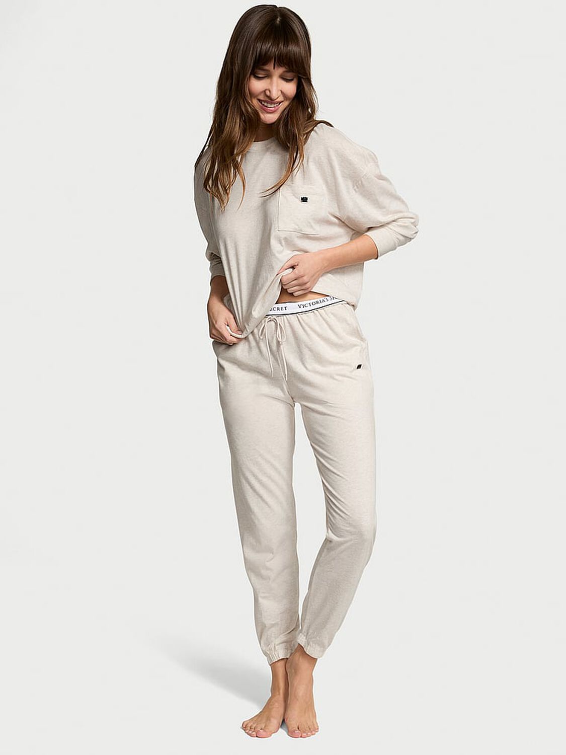 vs Victoria's Secret 100% Cotton Long Pajama Set Natural Heather 1 of 4 