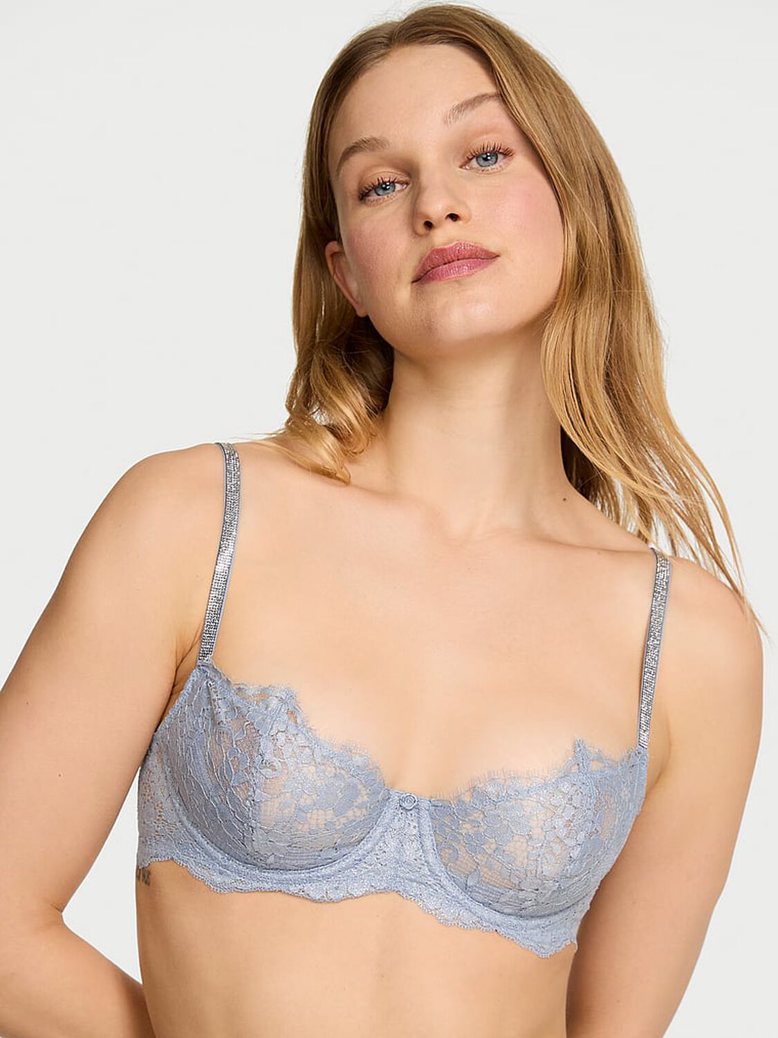 vs Dream Angels Wicked Twinkle Silver Lace Unlined Balconette Bra Blue Grey 1 of 2 