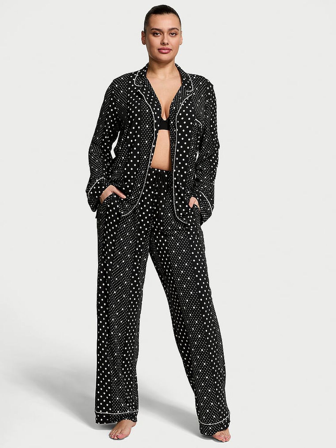 vs Victoria's Secret Modal Soft Long Pajama Set Black Dot Stripes 1 of 4 