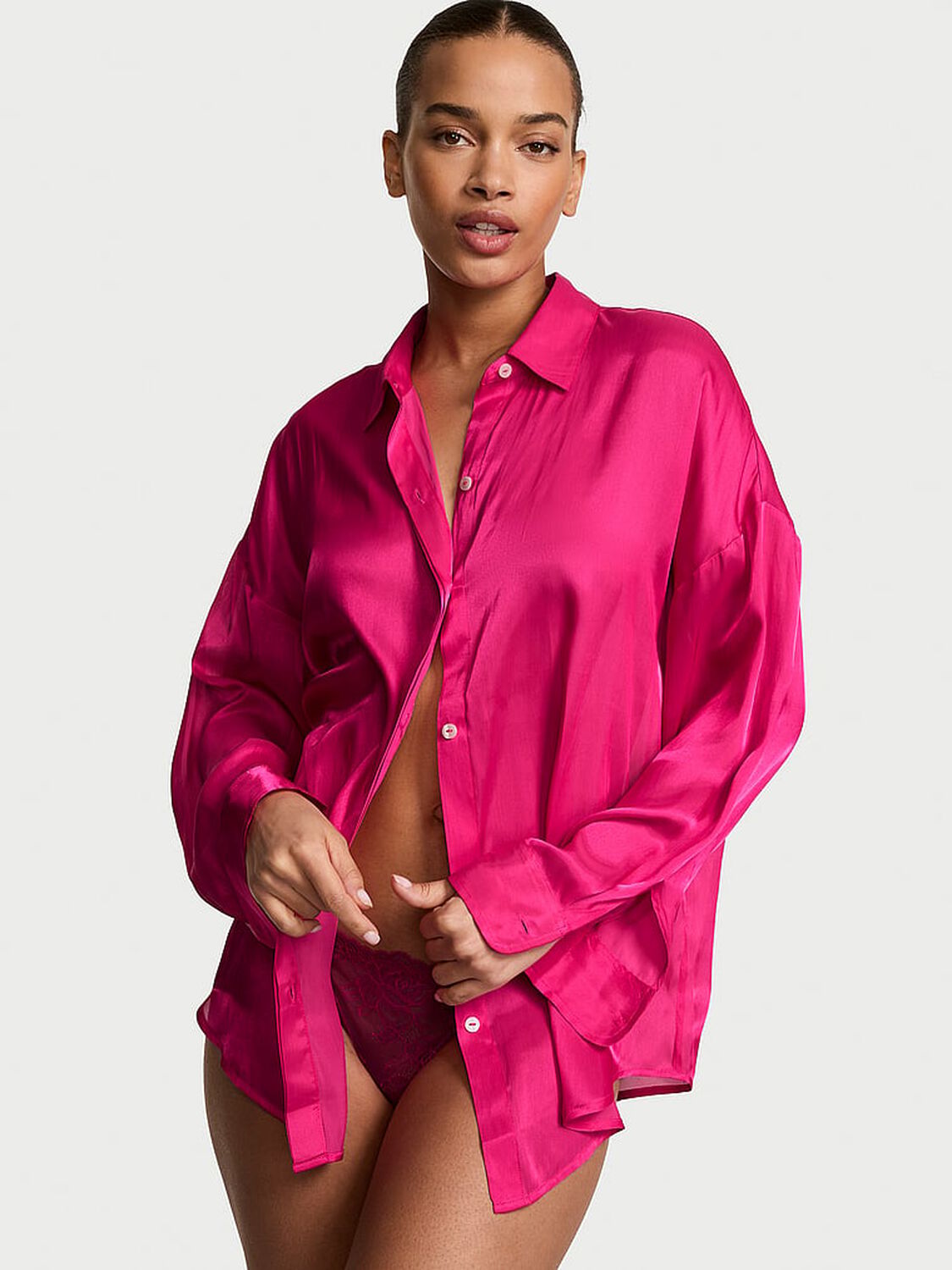 vs Victoria's Secret Luxe Sheer Satin Button-Front Shirt Pop Pink 1 of 3 