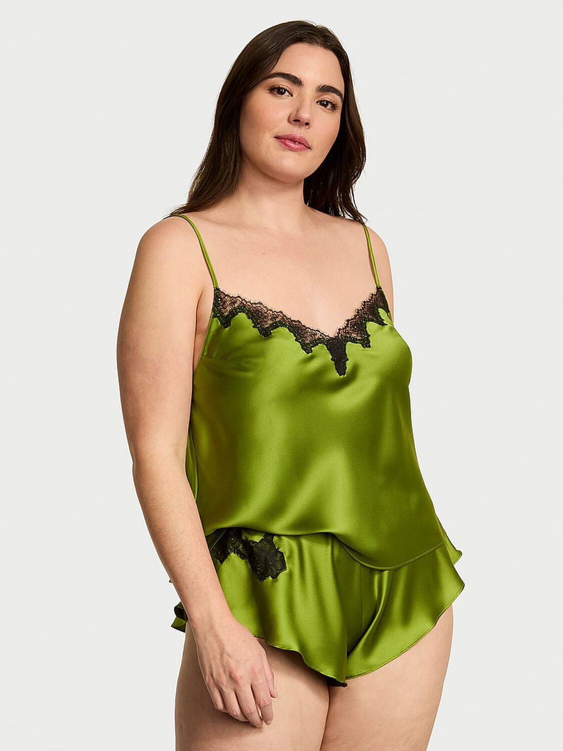 vs Victoria's Secret Satin Rose Lace-Trim Cami & Flutter Short Set 1 of 4 