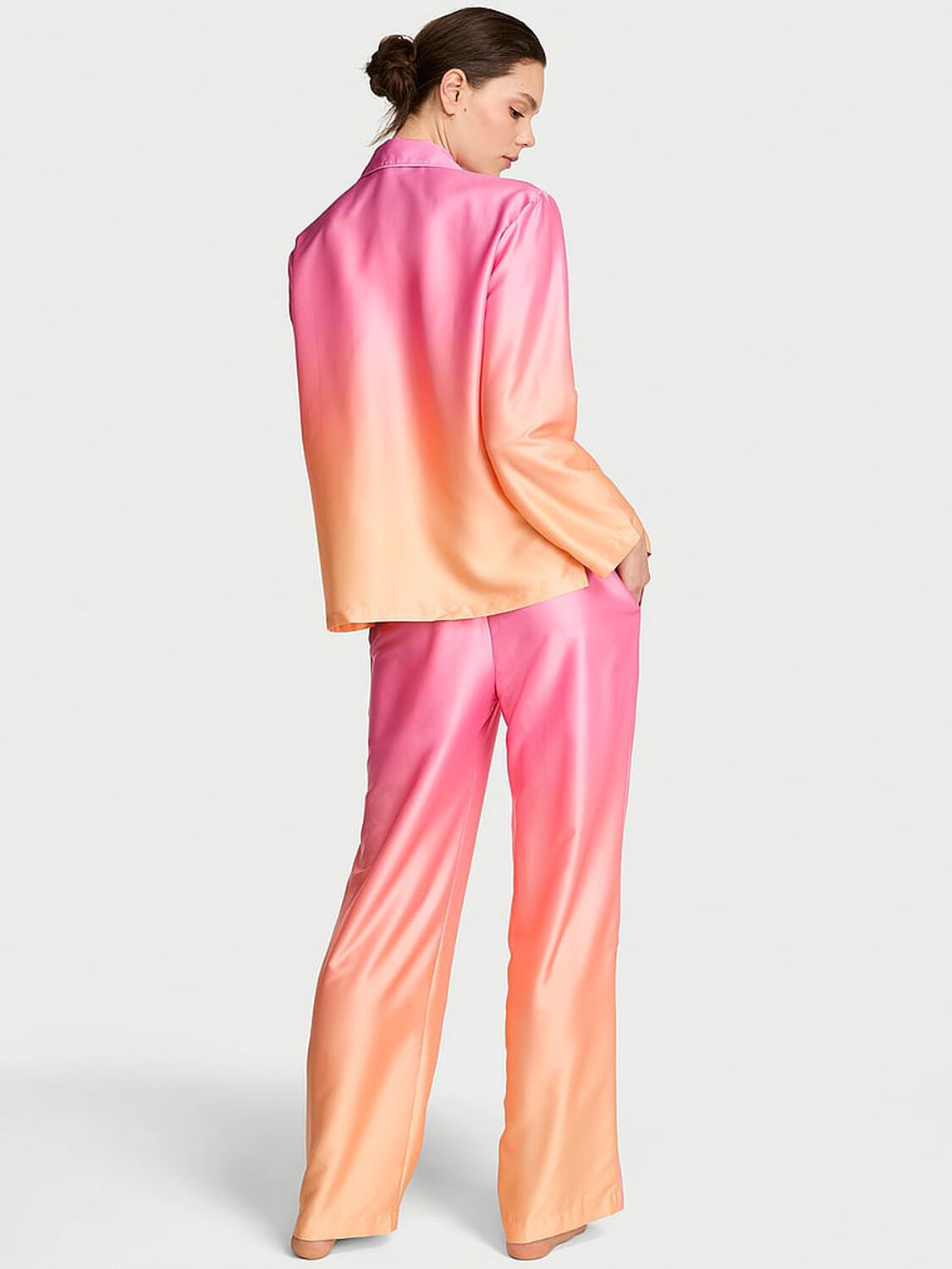 vs Victoria's Secret Signature Satin Long Pajama Set Pink/Orange Ombre 2 of 3 