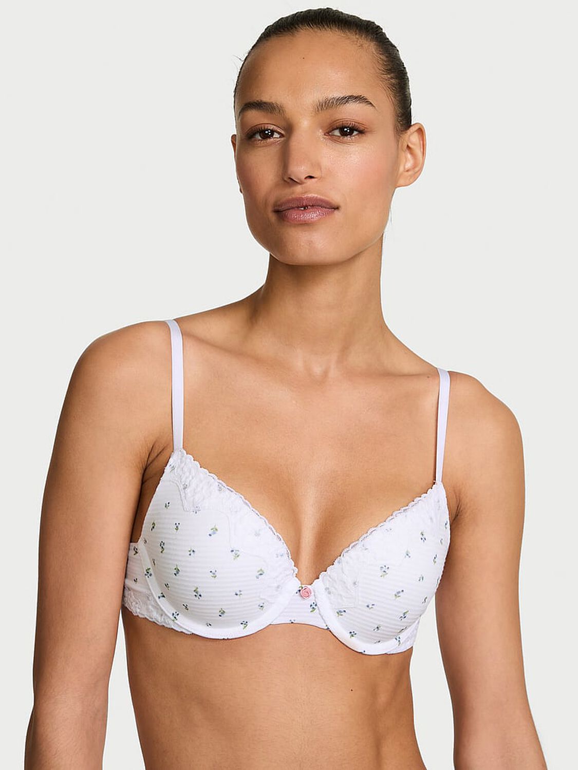 vs The T-Shirt Perfect Shape Cotton Shadow Stripe Lace-Trim Push-Up Bra White Floral 1 of 2 