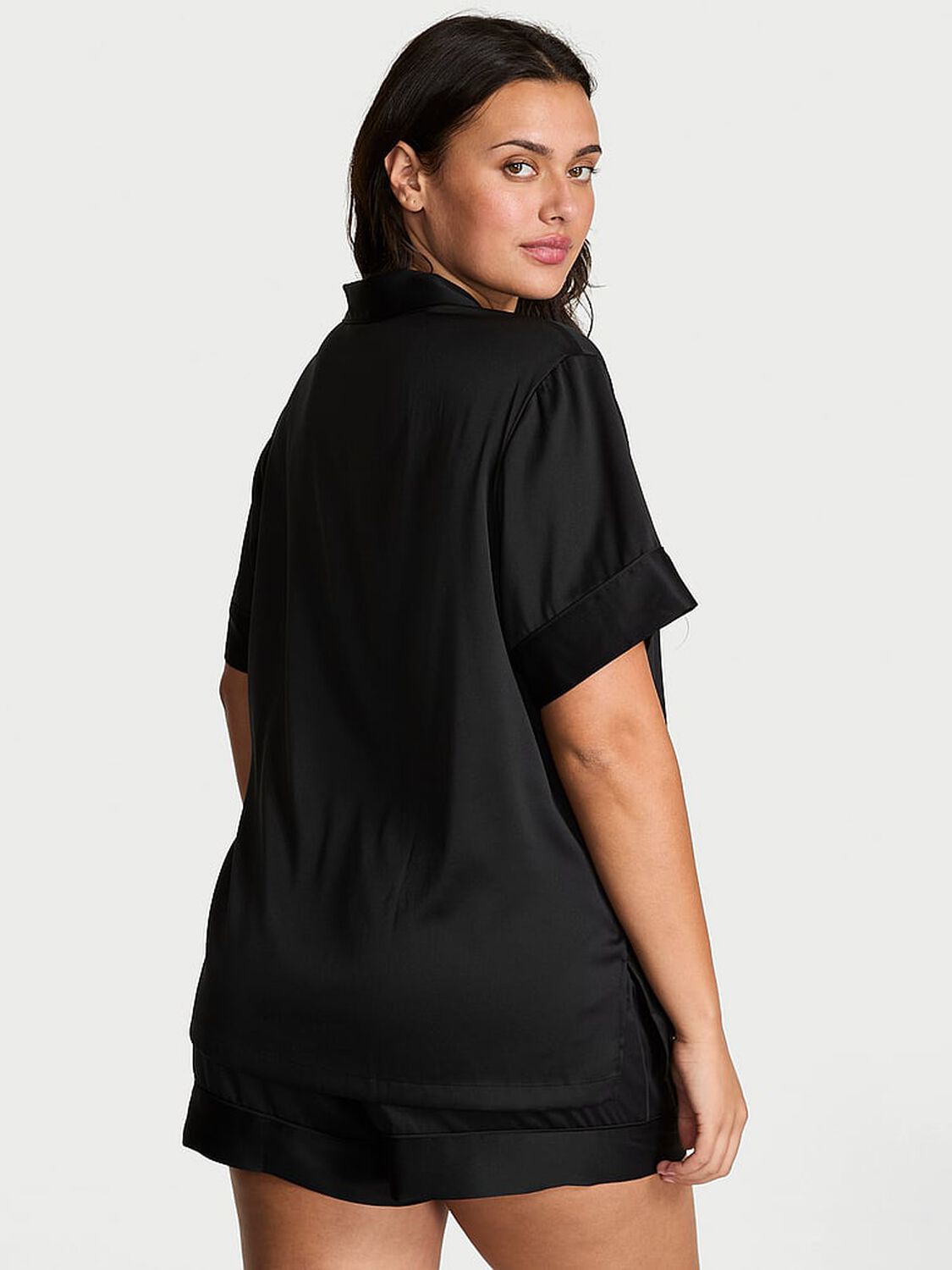 vs Victoria's Secret Glazed Satin Short Pajama Set Black W Diamante Pocket Bow 2 of 4 