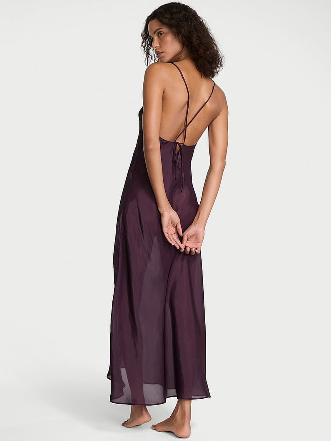 vs Victoria's Secret Luxe Sheer Satin Long Slip Dress Winter Wine 2 of 3 
