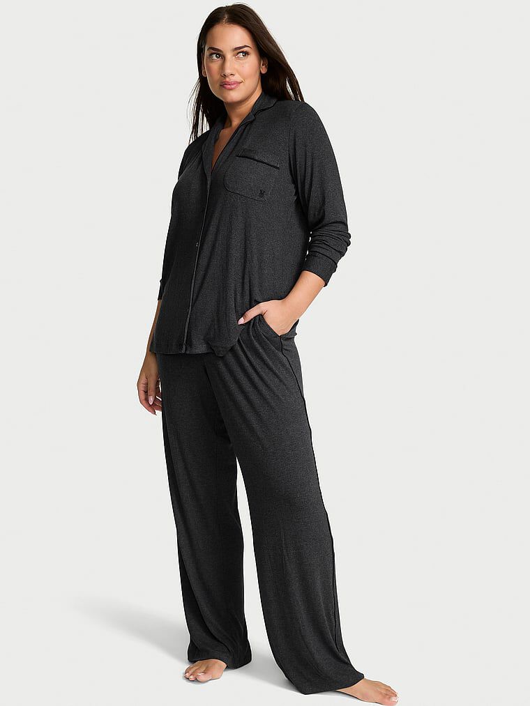 SoSoft Modal™ Ribbed Long Pajama Set Heather Characol Grey