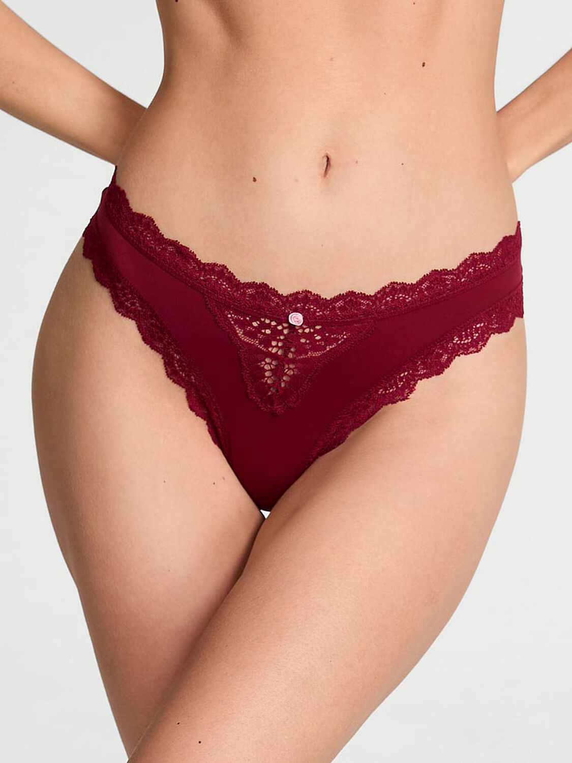 vs Dream Angels Lace-Trim Thong Panty Sangria Red 2 of 3 
