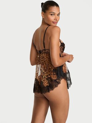 Wicked Sheer Unlined Lace-Trim Babydoll Set