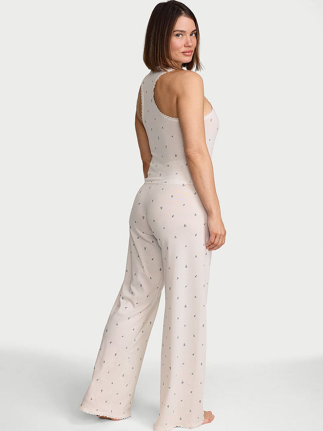 vs Victoria's Secret Cotton Shadow Stripe Tank & Pants Set Coconut White Floral 2 of 3 