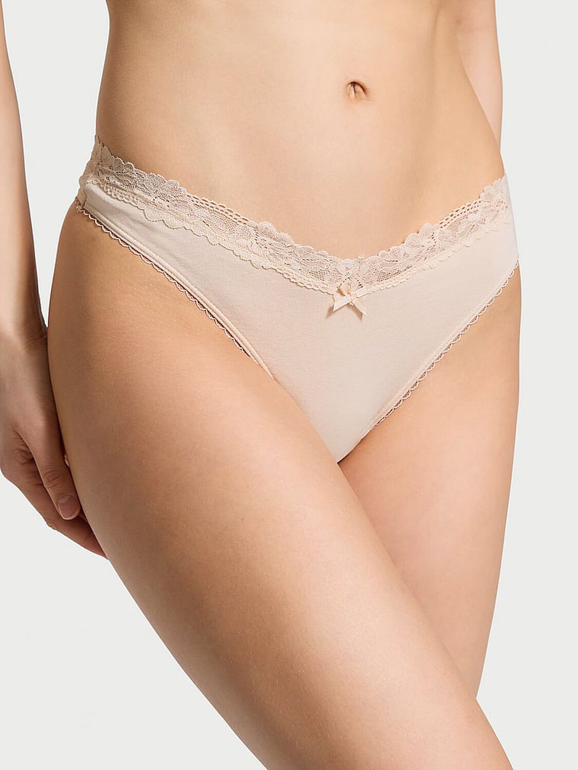 vs Victoria's Secret Stretch Cotton Lace-Waist Scoop High-Leg Thong Panty Marzipan 2 of 3 