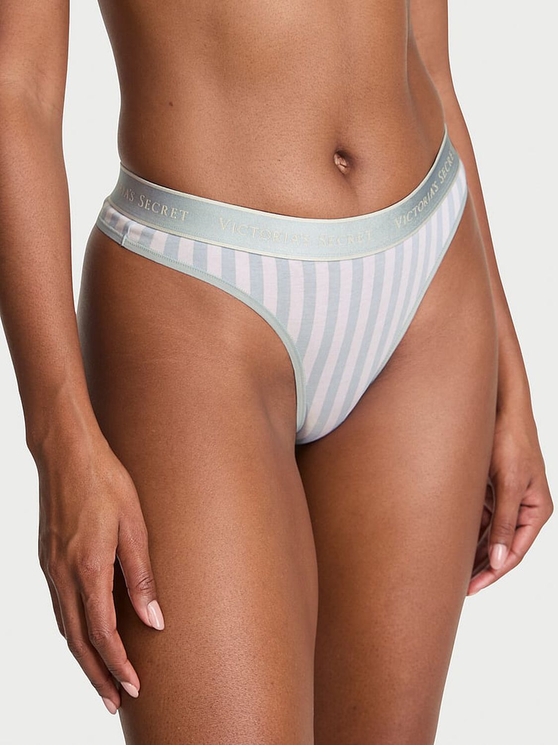 vs Cotton Logo Cotton Thong Panty Grey Fog Stripe 1 of 2 