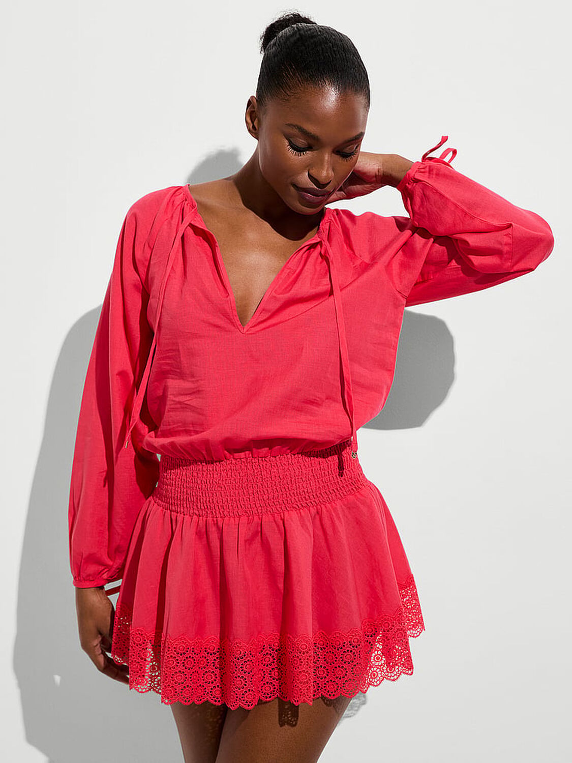 vs Victoria's Secret Swim Beachwear Linen Lace-Trim Dress Pink Island 1 of 3 