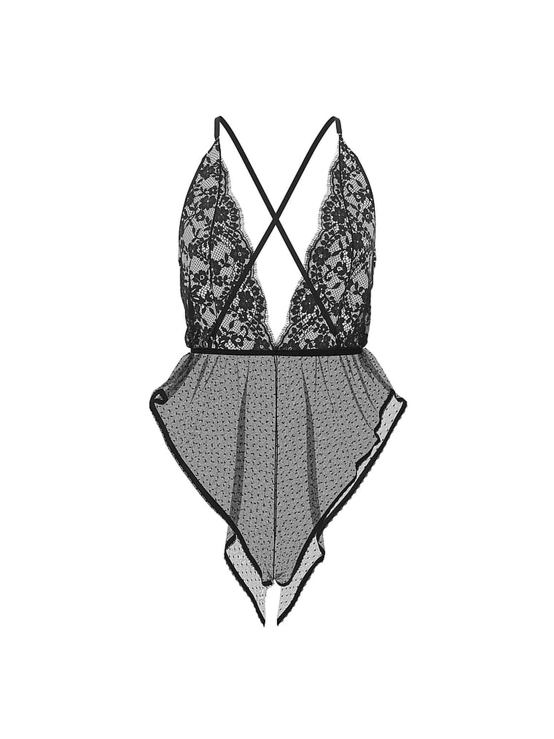 vs Dream Angels Sheer Dot Mesh & Lace Plunge Flutter Romper Black 3 of 3 