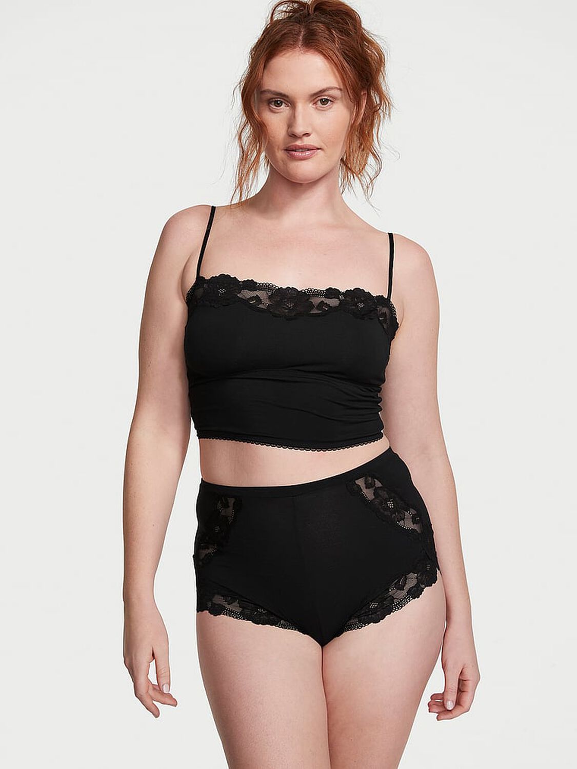 vs Victoria's Secret Modal & Lace Trim Straight-Neck Cami Set Black 1 of 3 