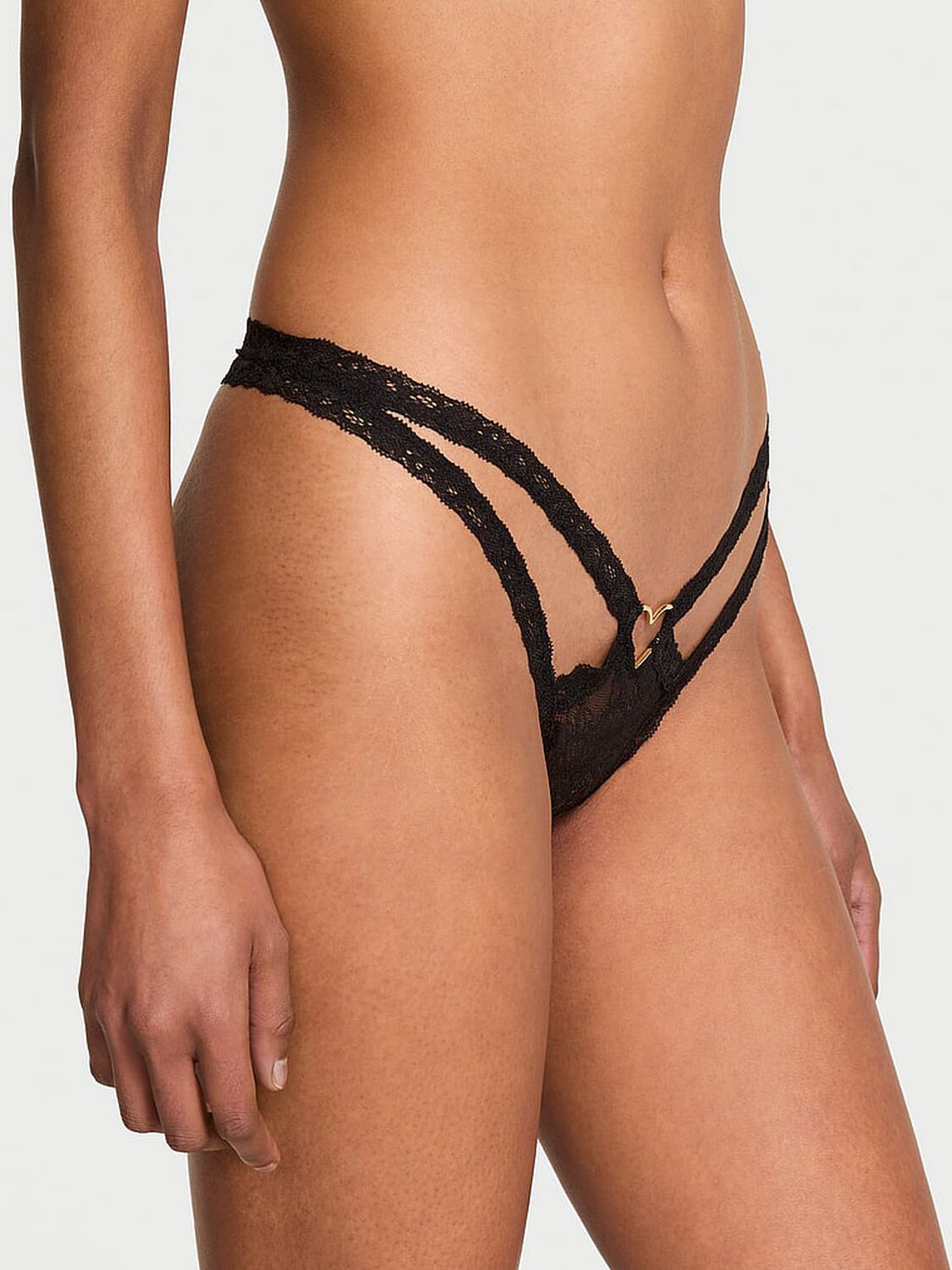 vs Very Sexy Lace Heart Hardware Strappy Thong Panty Black 1 of 3 