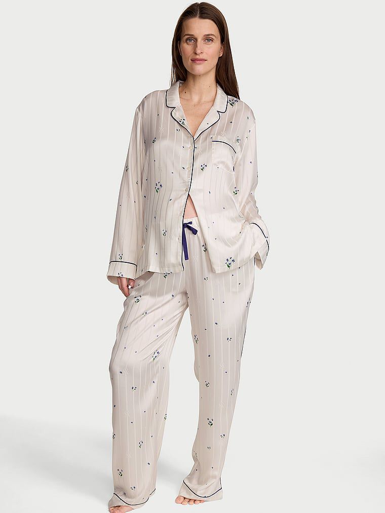 Victoria's Secret 白ラメパジャマセット Signature Satin Long Pajama Set Coconut White Floral | Victoria's