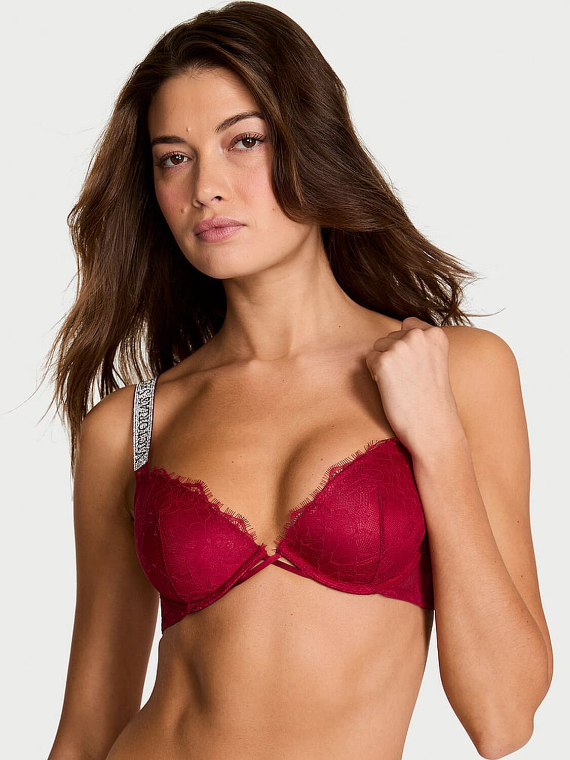 vs Very Sexy Shine Strap Rose Lace Lightly Lined Low-Cut Demi Bra Red Lacquer 1 of 2 