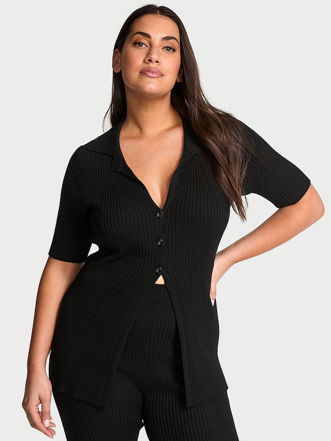 vs Victoria's Secret Luxe Ribbed Knit Flyaway Cardigan Black 1 of 2 