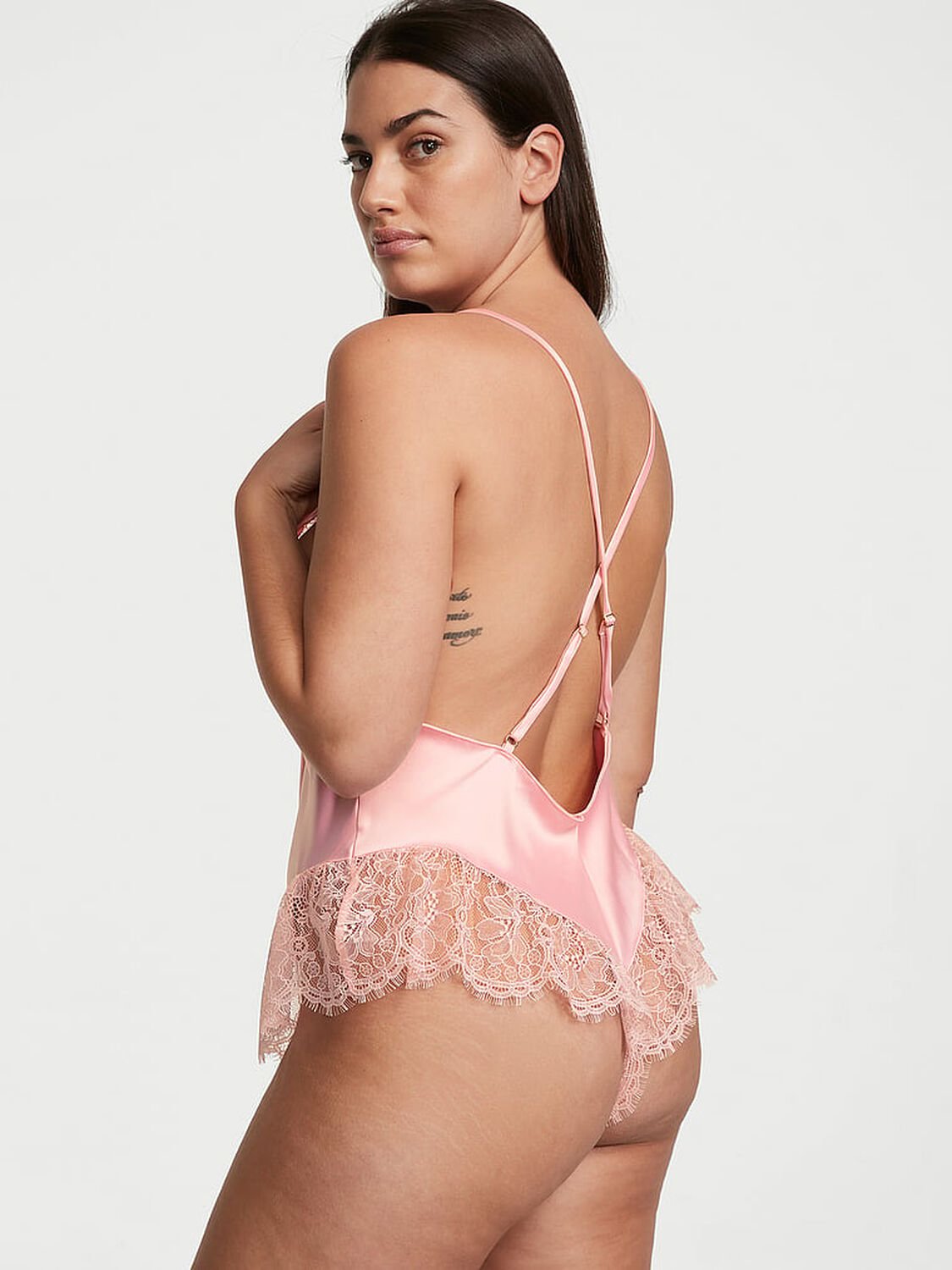 vs Victoria's Secret Satin Lace Shine Heart Hardware High-Leg Romper Pretty Blossom 2 of 3 