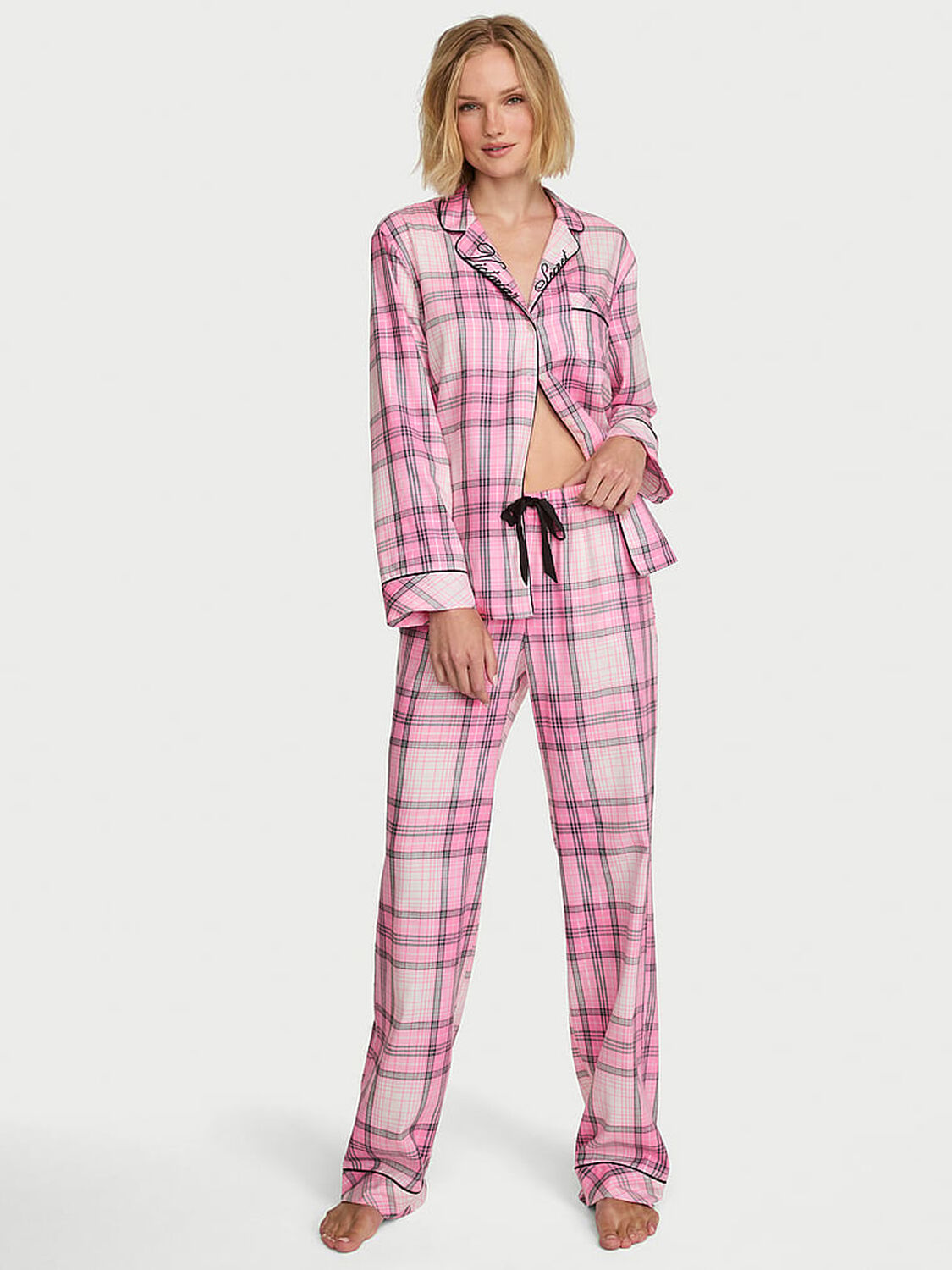 vs Victoria's Secret Flannel Long Pajama Set Pretty Blossom Plaid 1 of 2 